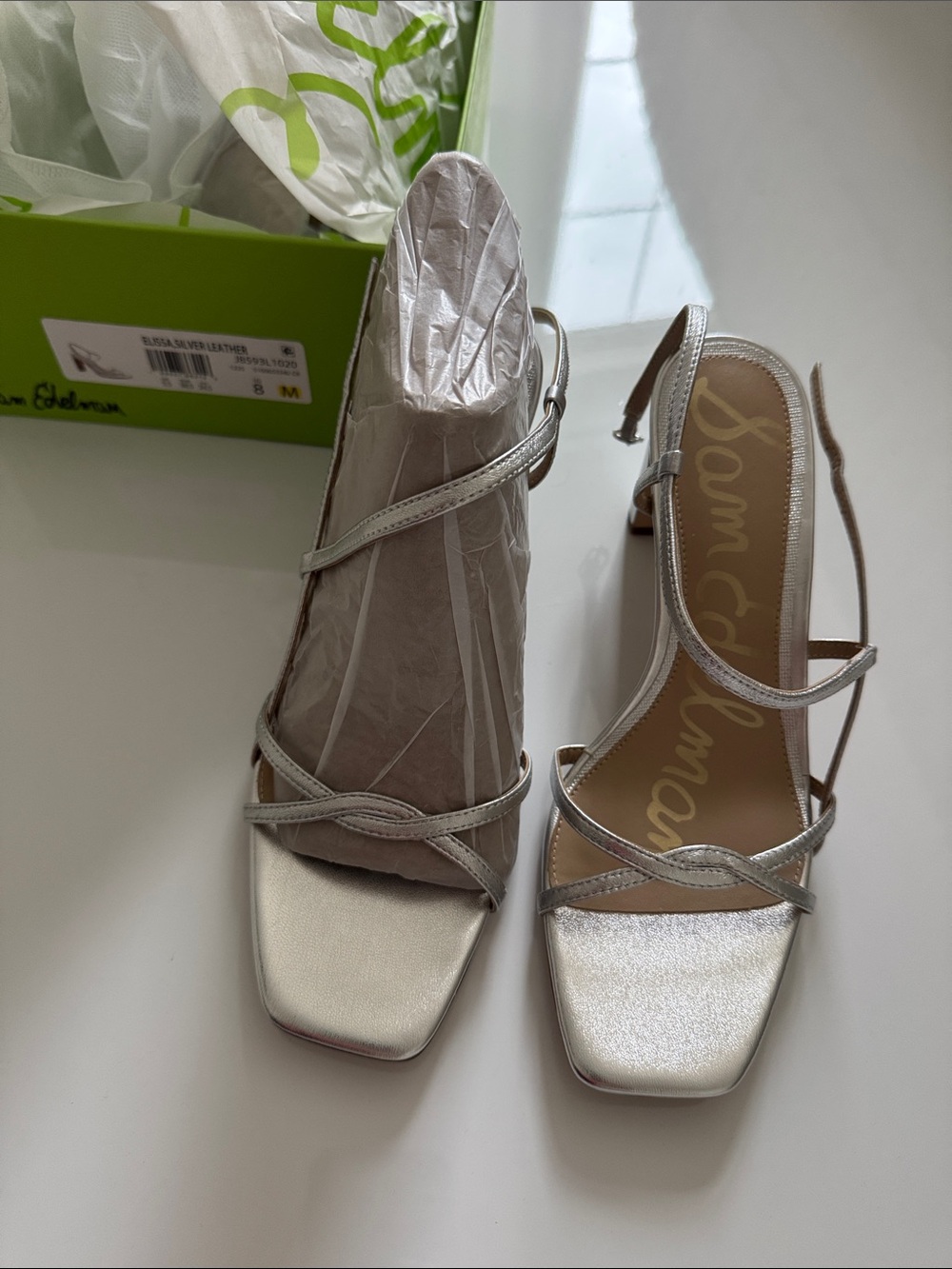 Sam Edelman Metallic Silver Strappy Square-Toe Slingback Heels